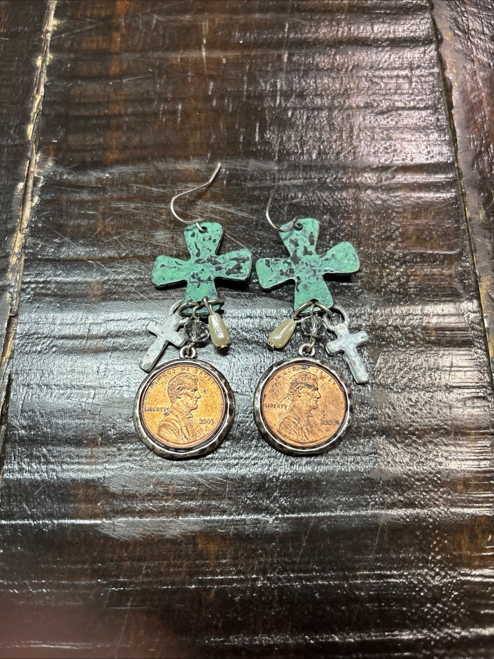 Handmade Green Cross and Penny Drop Earrings - Women Jewelry